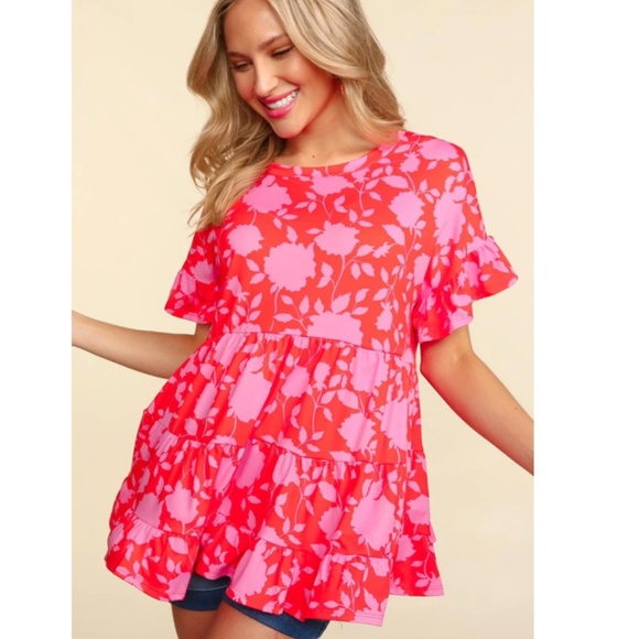 kelzposh Tops - "The Scarlet" Vibrant Tiered Floral Knit Top